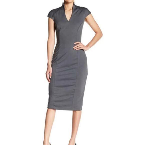 The Limited Dresses & Skirts - The Limited Womens Fitted Grey Dress Sz. XL Deep V, Cap Sleeve Bodycon Midi Soft